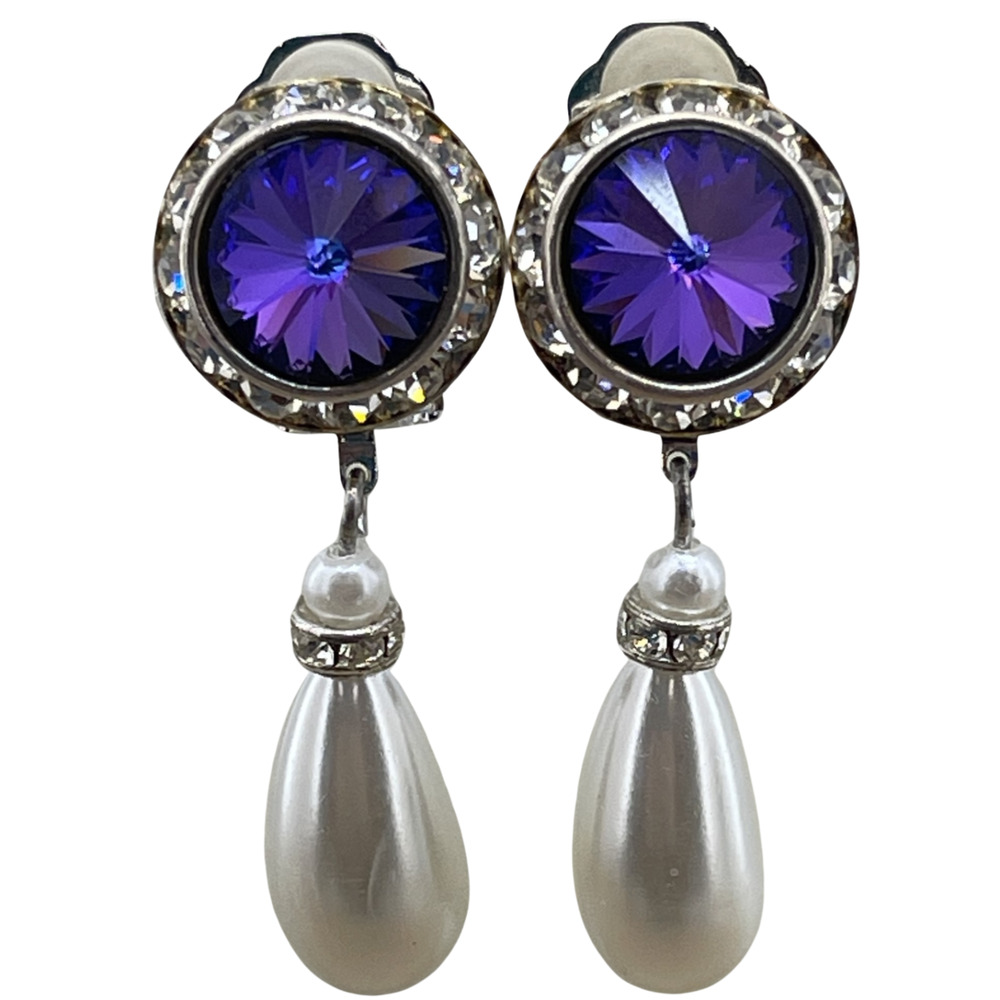 Vintage Purple Clear Crystal Rhinestone Clip-On Earrings Drop Pearl Silver Tone